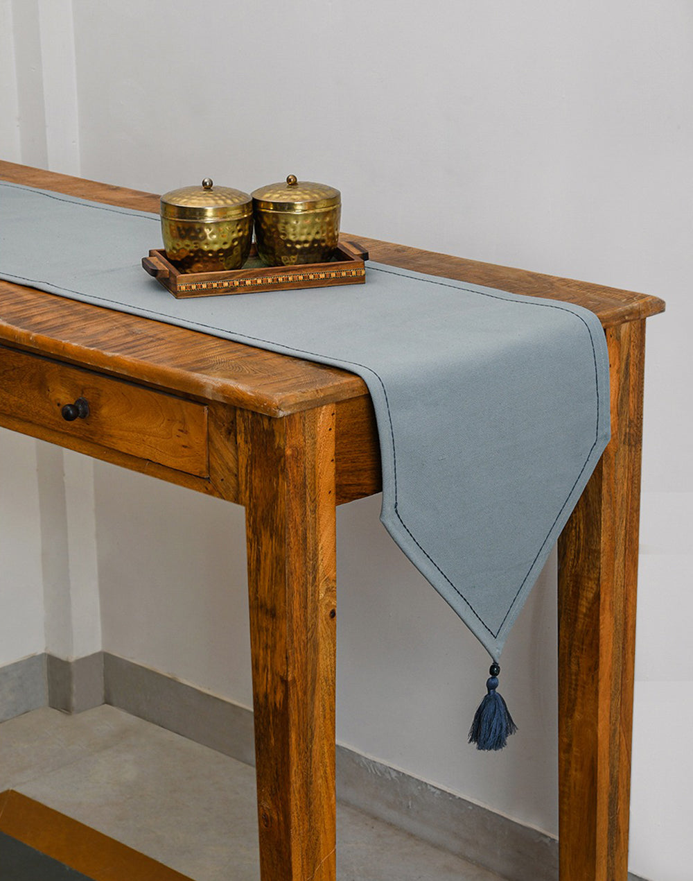 Modern Grey Cotton Table Runner With Tassel