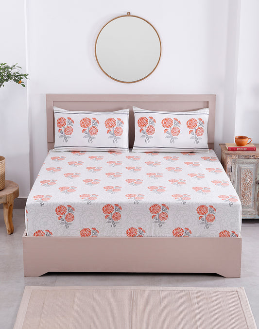 King Size - Orange Marigold Cotton Bedsheet Set with 2 Pillow Covers