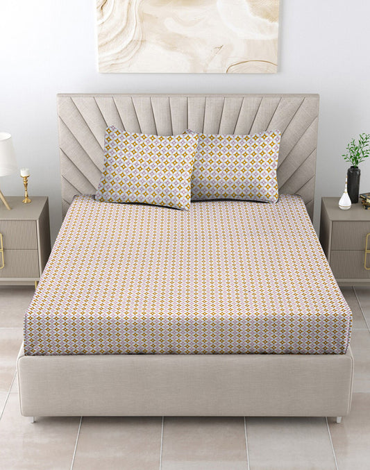 Queen Size - Orange Geometric Print Cotton Besheet Set with 2 Pillow Covers