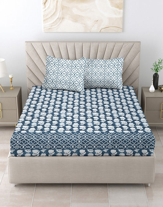 King Size - Blue Floral Cotton Bedsheet Set with 2 Pillow Covers