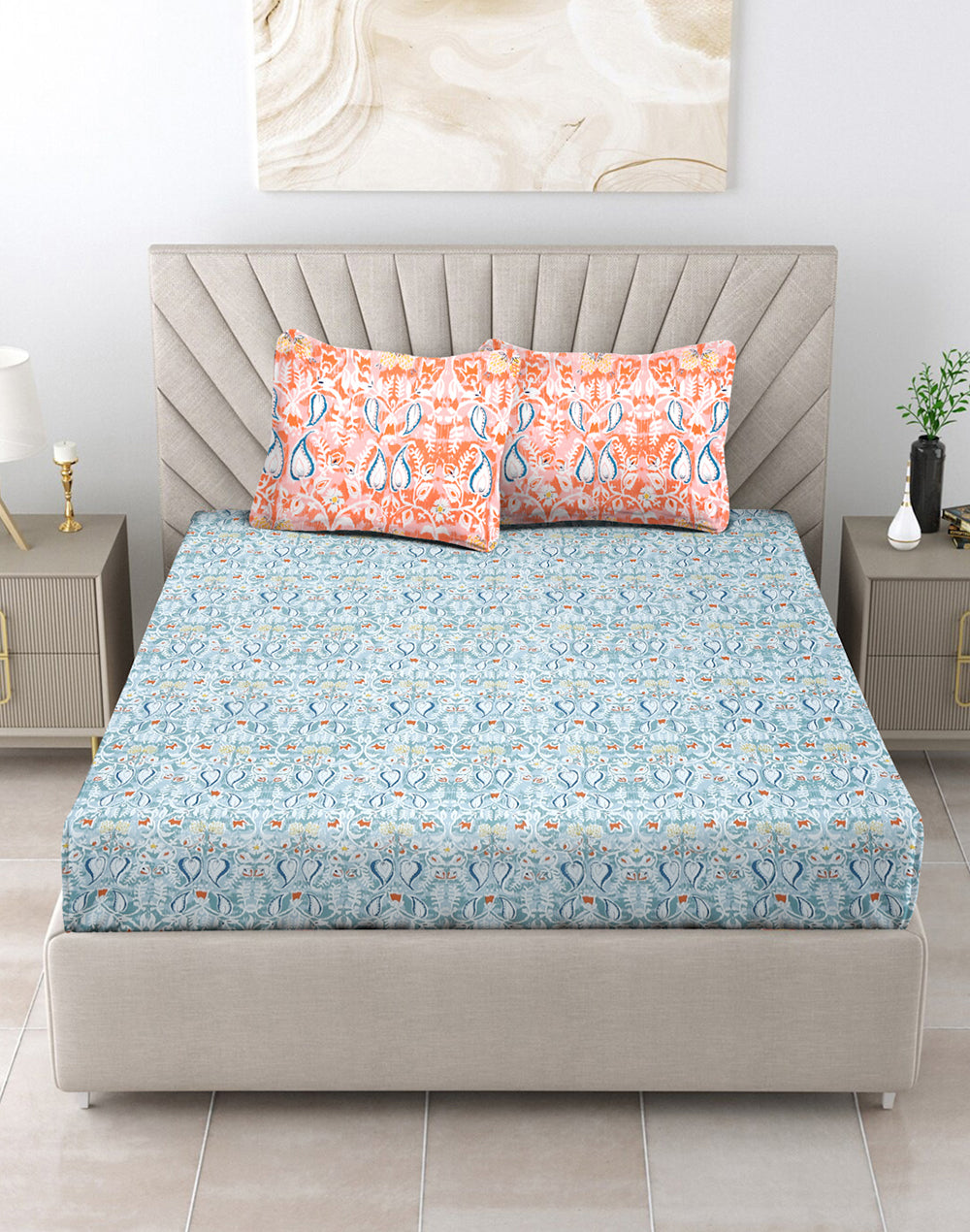 King Size - Blue Bedsheet Set wih 2 Pillowcovers
