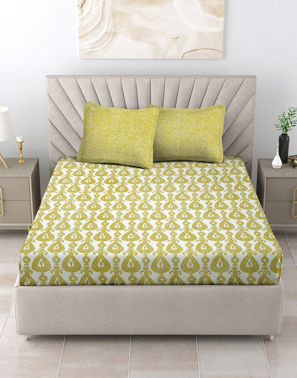 Queen Size - Green Geometric Print Cotton Besheet Set with 2 Pillow Covers
