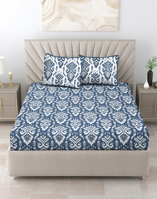 Queen Size - Blue Cotton Bedsheet Set With 2 Pillow Covers