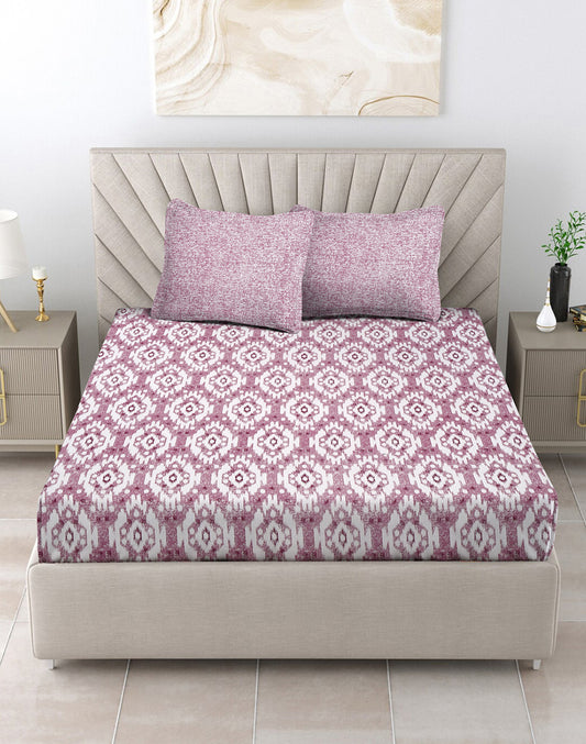 King Size- Purple Ikat Print Cotton Bedsheet Set with 2 Pillow Covers
