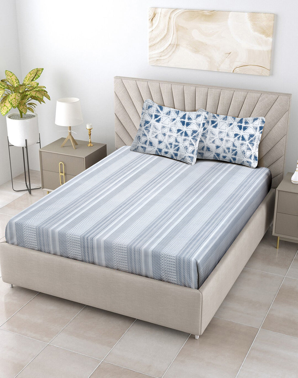 King Size- Stripes Cotton Bedsheet Set with 2 Pillow Covers