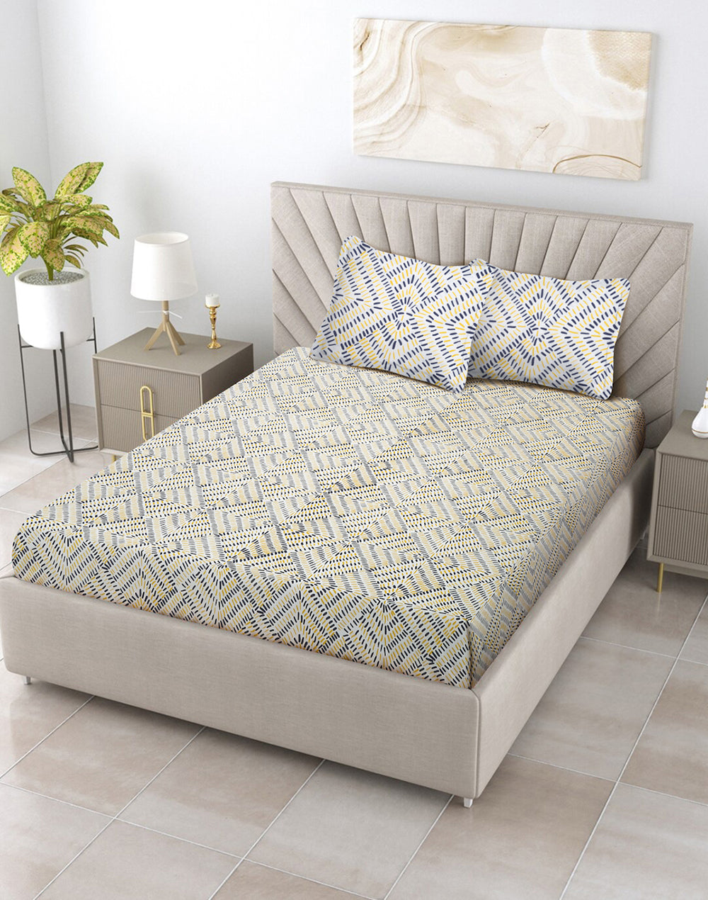 King Size - Yellow Abstract Cotton Besheet Set With 2 Pillow Covers
