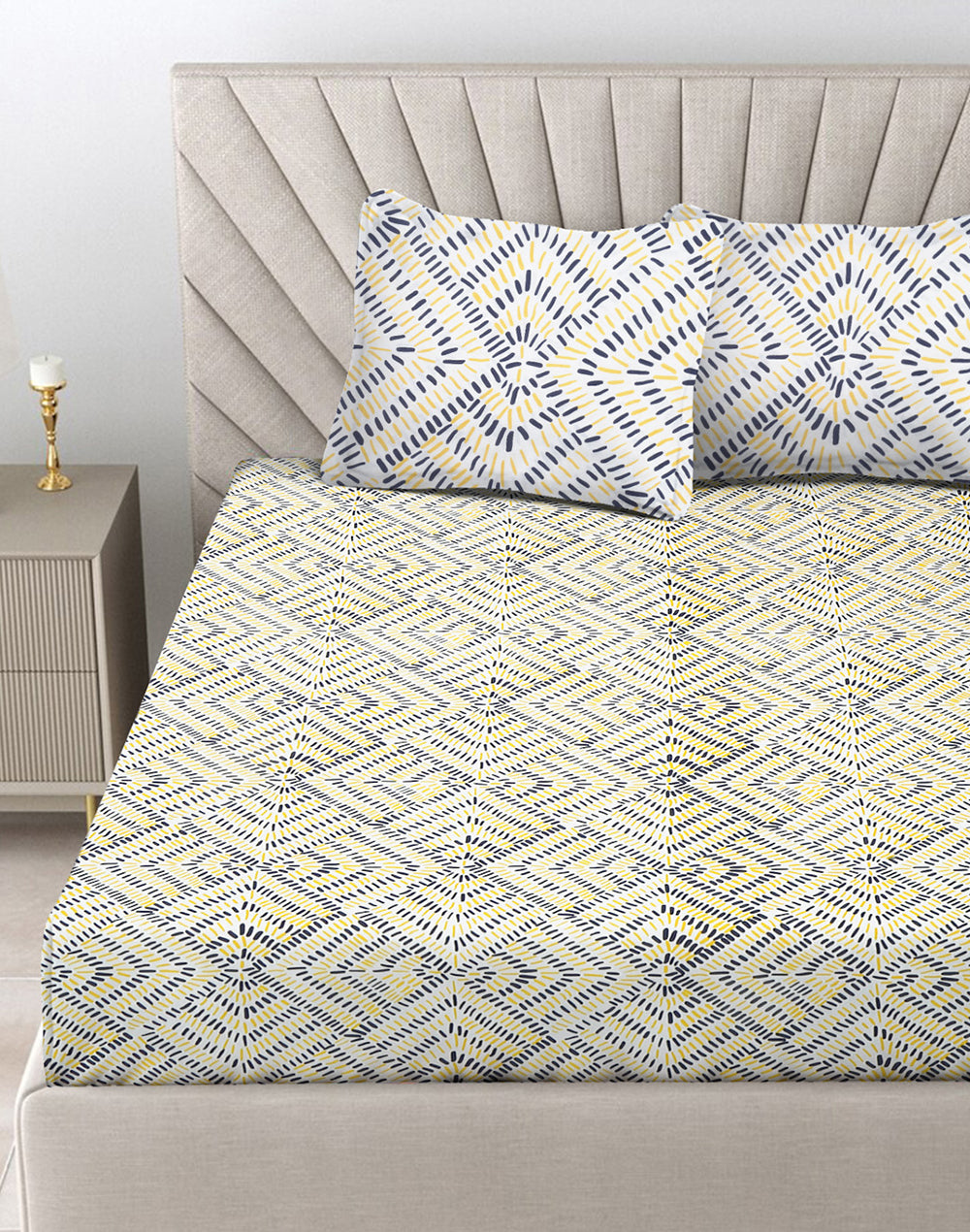 King Size - Yellow Abstract Cotton Besheet Set With 2 Pillow Covers