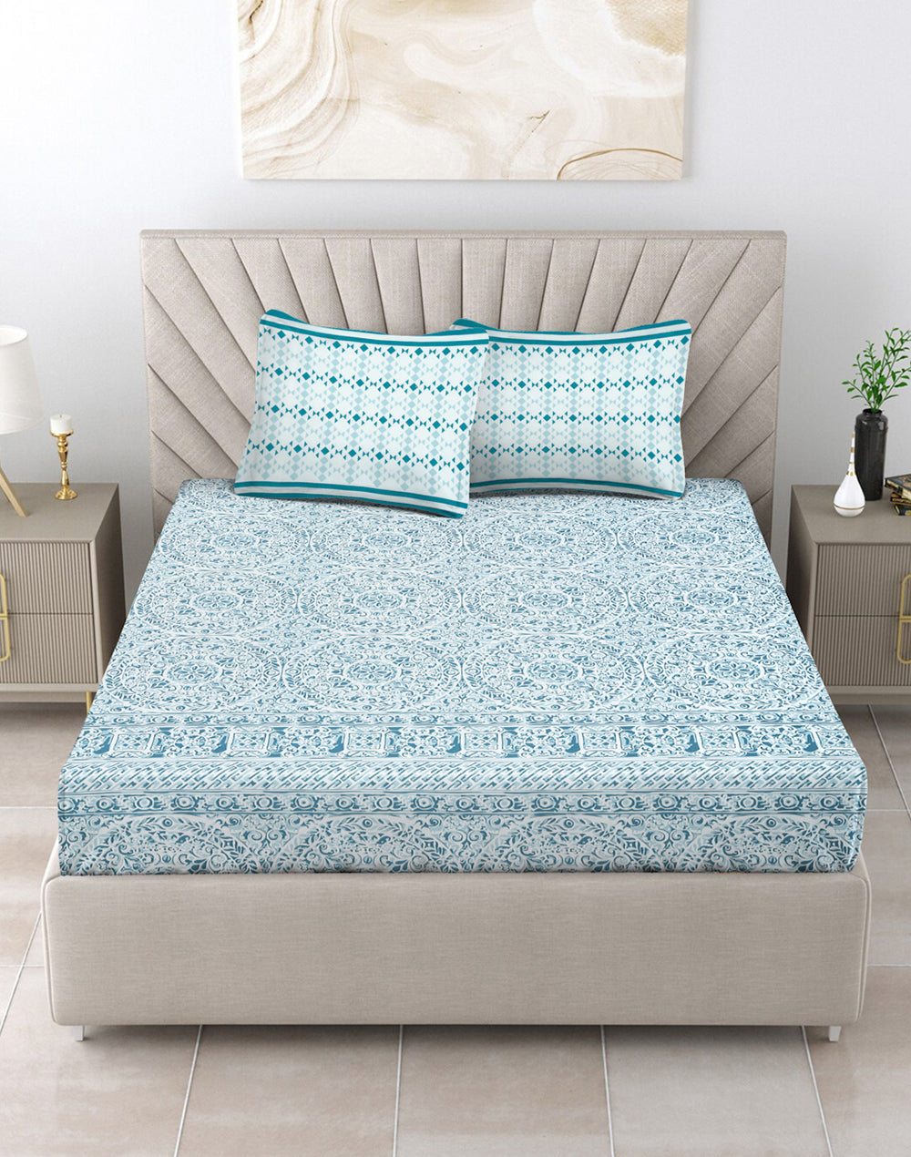 Queen Size - Blue Mandala Print Cotton Bedsheet Set with 2 Pillow Covers