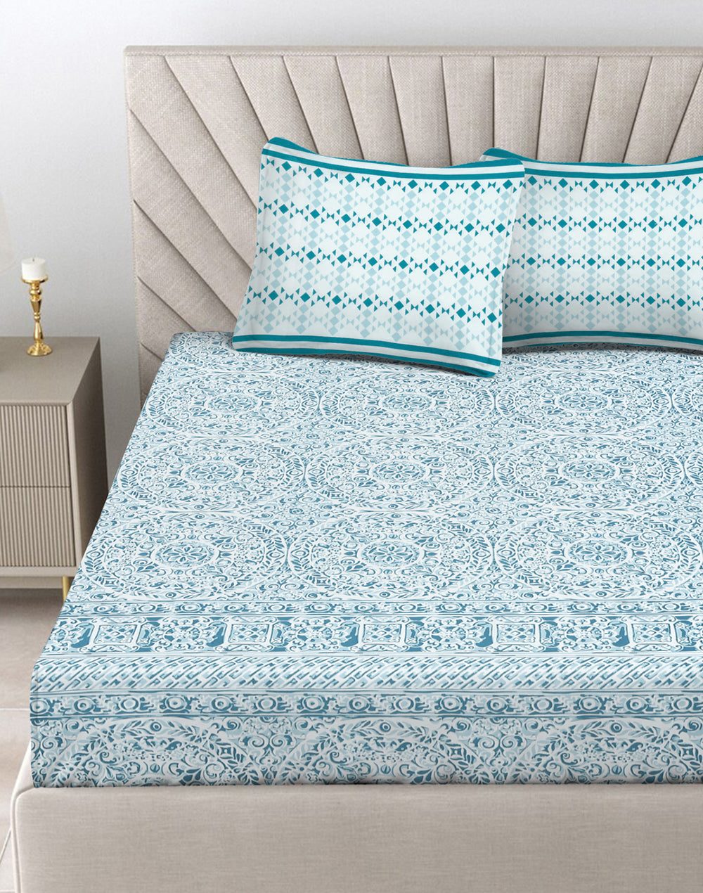 Queen Size - Blue Mandala Print Cotton Bedsheet Set with 2 Pillow Covers