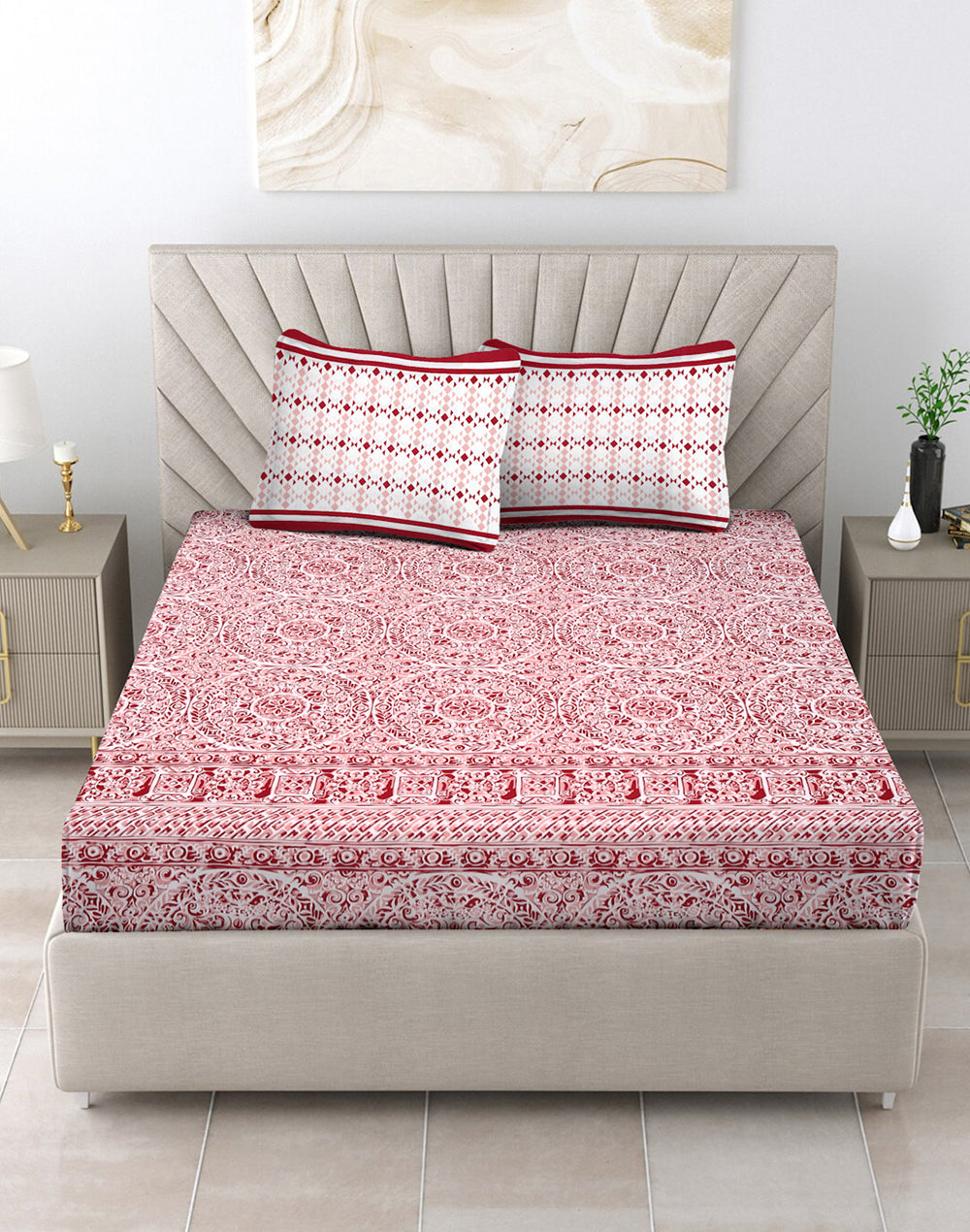 Queen Size - Red Mandala Print Cotton Bedsheet Set with 2 Pillow Covers