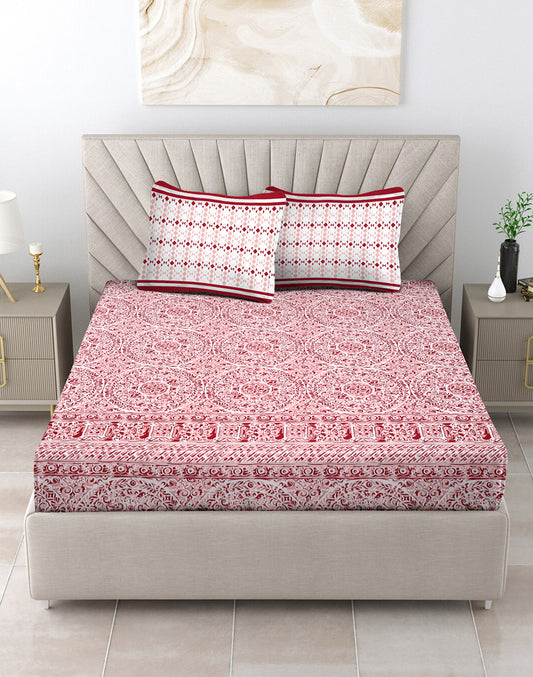 Queen Size - Red Mandala Print Cotton Bedsheet Set with 2 Pillow Covers