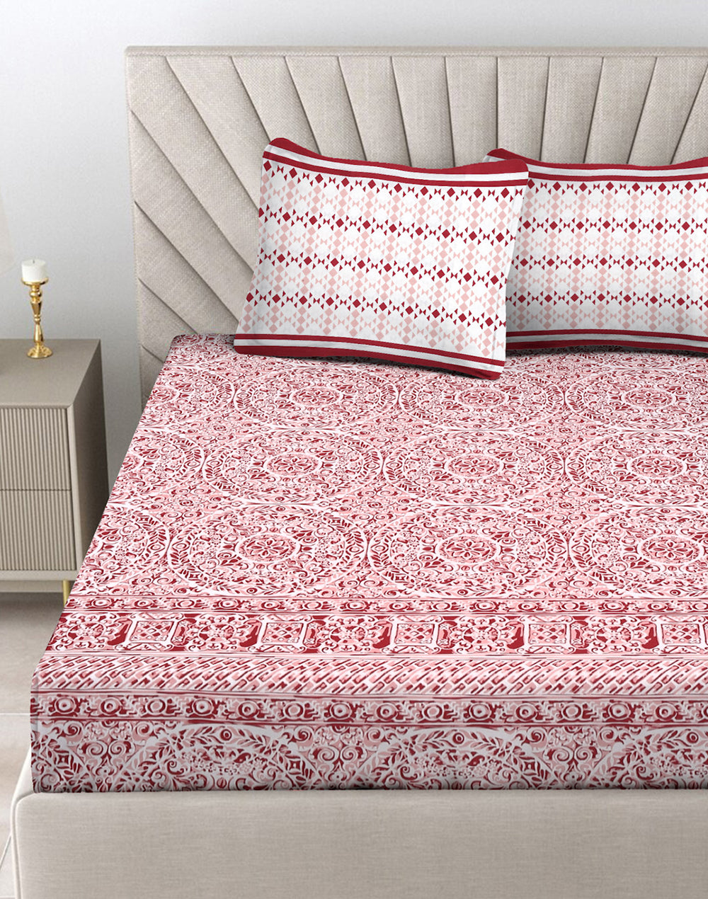 Queen Size - Red Mandala Print Cotton Bedsheet Set with 2 Pillow Covers