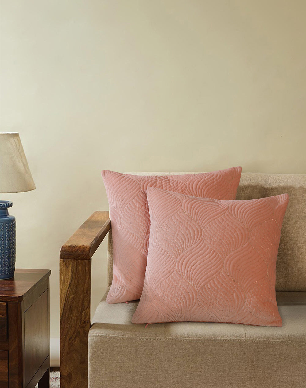 Set Of 2 - Pink Ogee Quilted Velvet Cushion Cover 16"X16"