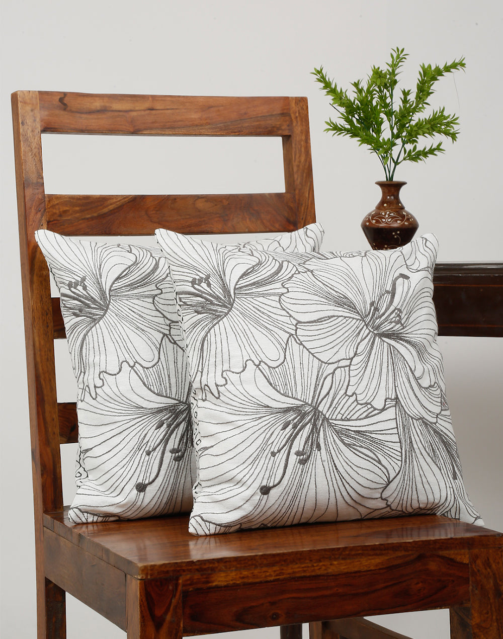 Set Of 2 - White Floral Embroidered Cushion Cover - 16"X 16"