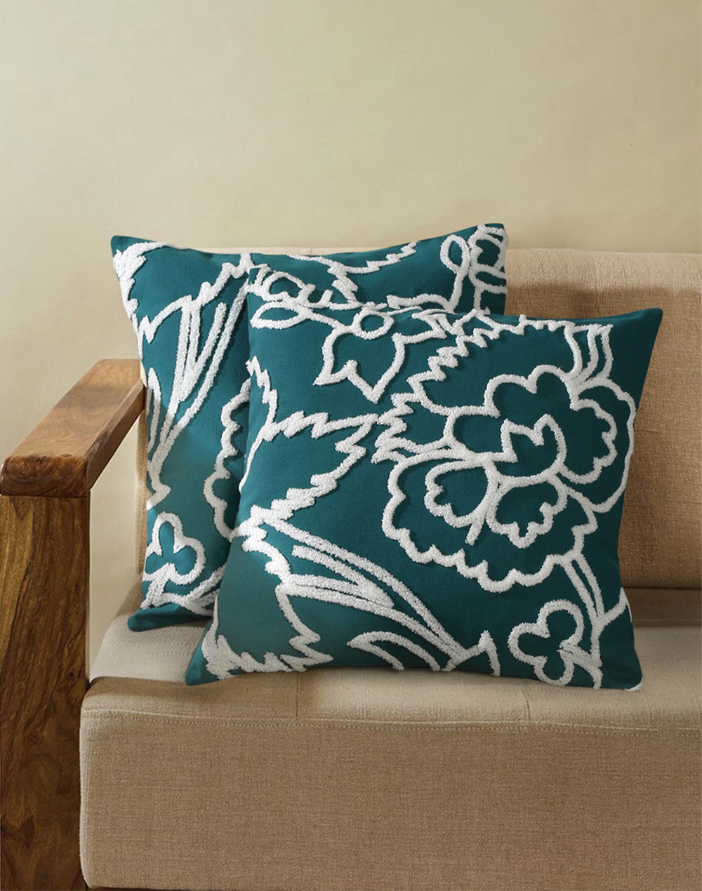 Set Of 2 - Teal Tufted Floral 100% Cotton Cushion Cover