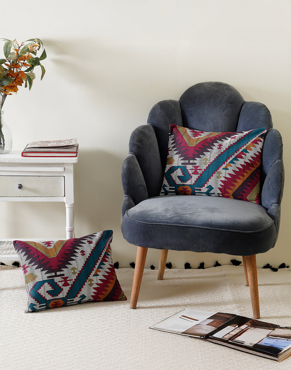 Set Of 2 - Geometric Print Cotton Cushion Cover - 14"X18"