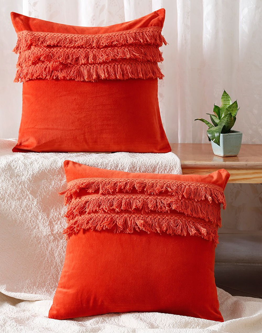 Set Of 2 - Orange Fringe Cushion Cover - 18"X18"