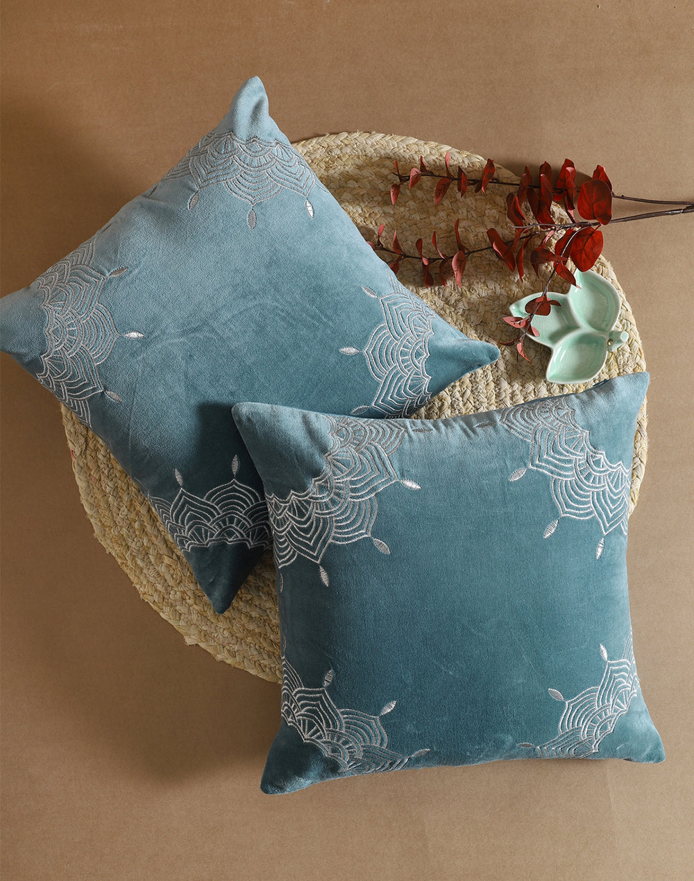 Set of 2 - Elegant Teal Embroidered Velvet Sofa Cushion Cover - 16"x16"