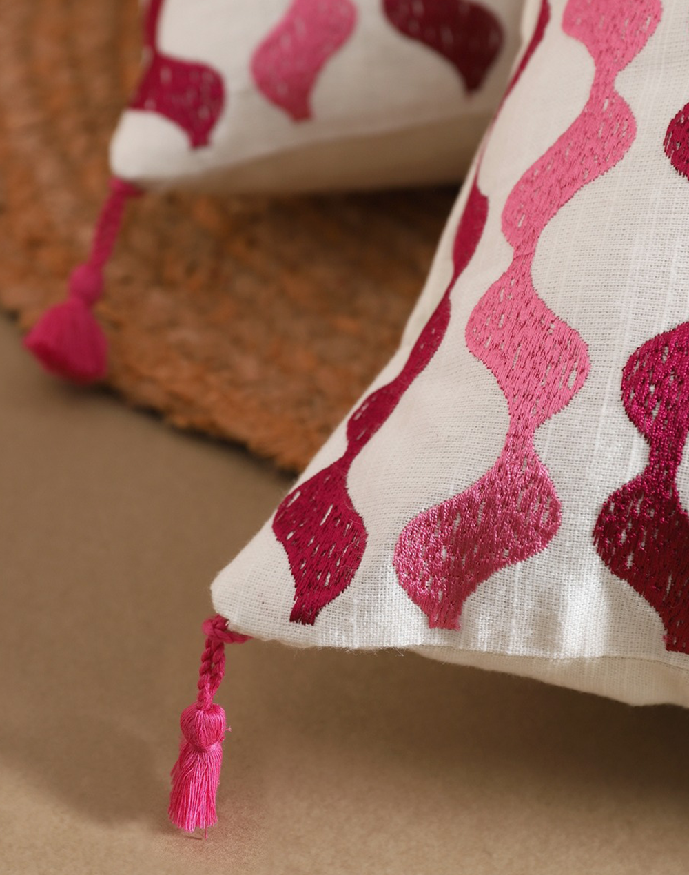 Set of 2 - Pink Waves Embroidered Sofa Cushion Cover - 16"x16"