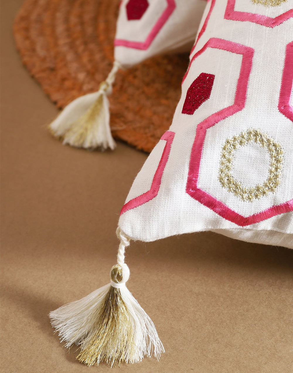 Set of 2 - Geometric Eye Embroidered Cotton Cushion Cover -16"x 16"
