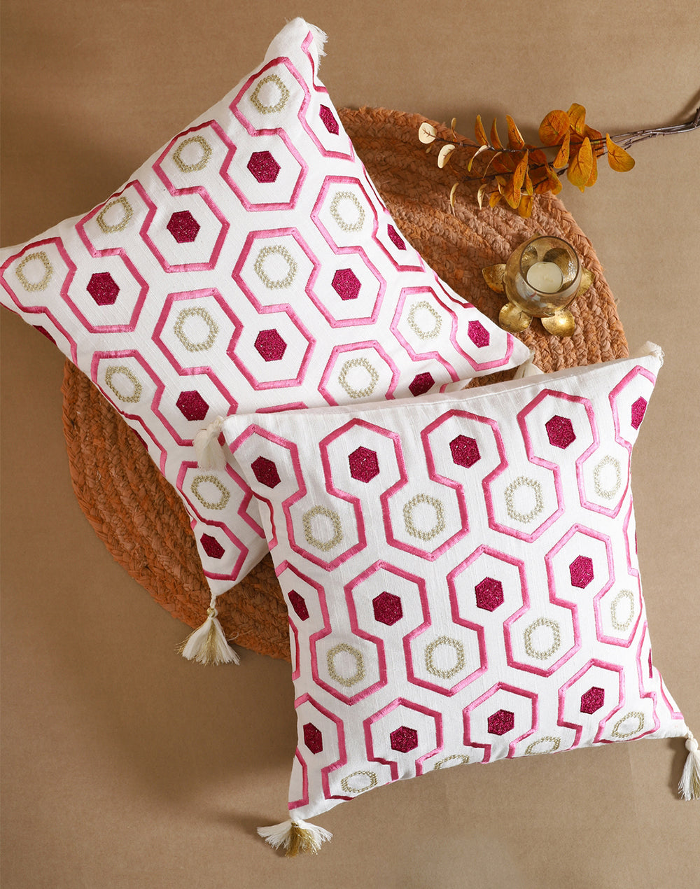 Set of 2 - Geometric Eye Embroidered Cotton Cushion Cover -16"x 16"