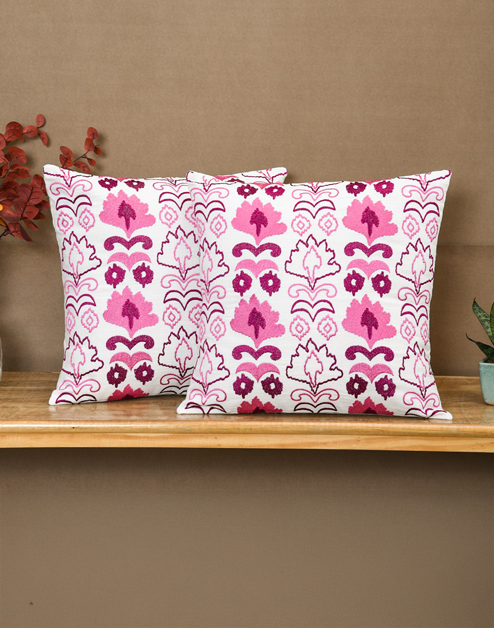 Set of 2 - Pink Embroidered Decortive Sofa Cushion Cover - 16"x 16"