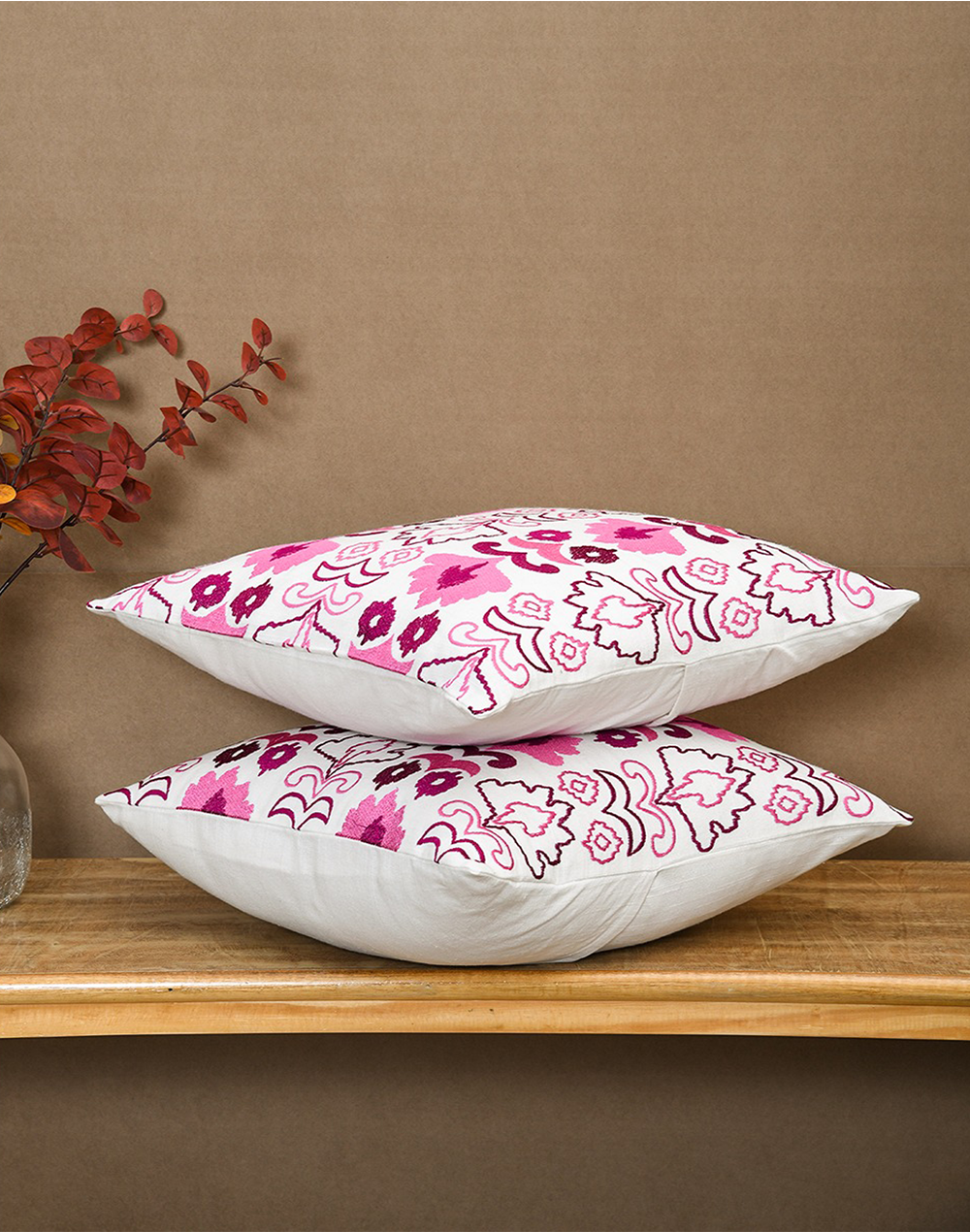 Set of 2 - Pink Embroidered Decortive Sofa Cushion Cover - 16"x 16"