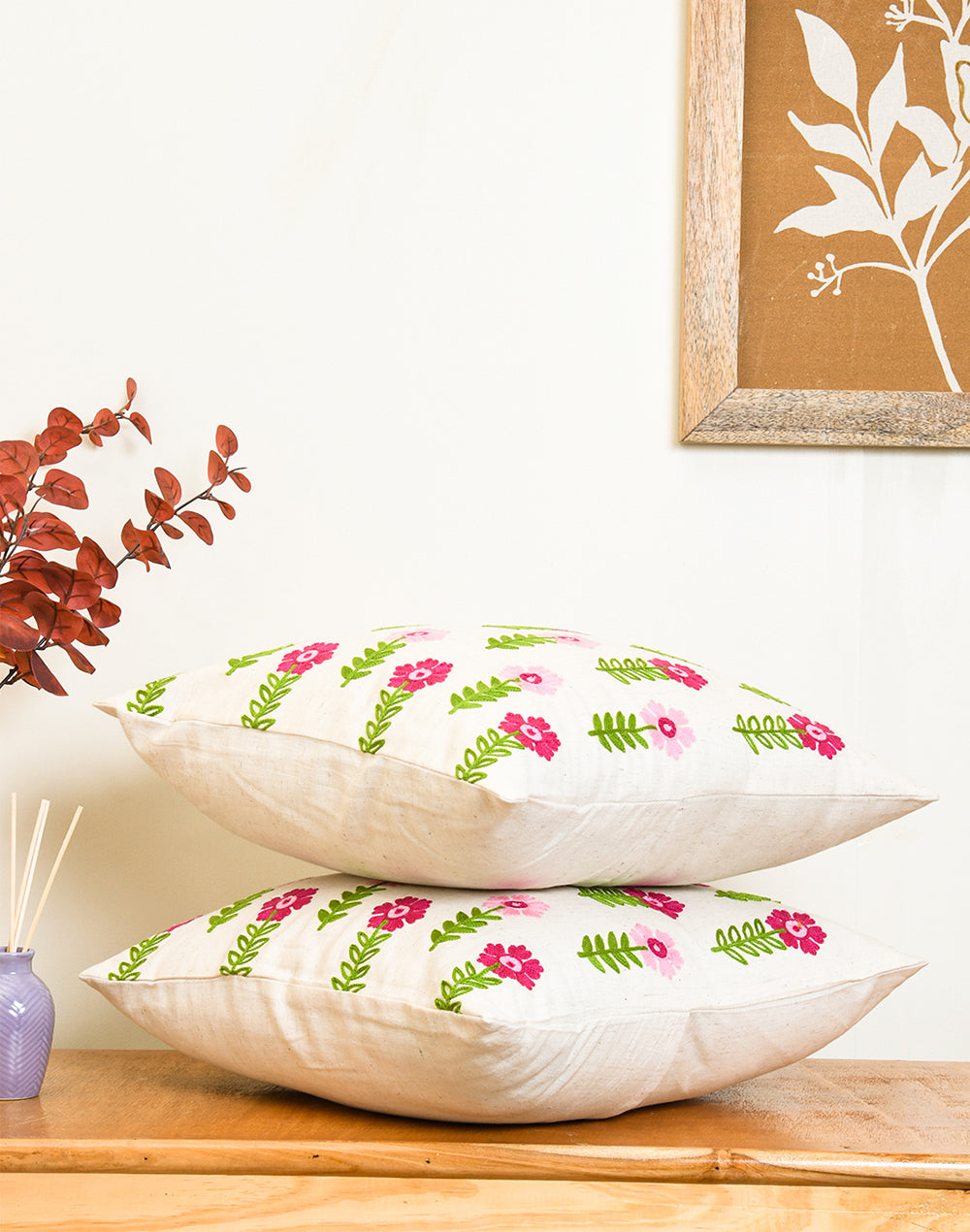 Set of 2 - Floral Array Embroidered Cushion Cover - 16"x 16"