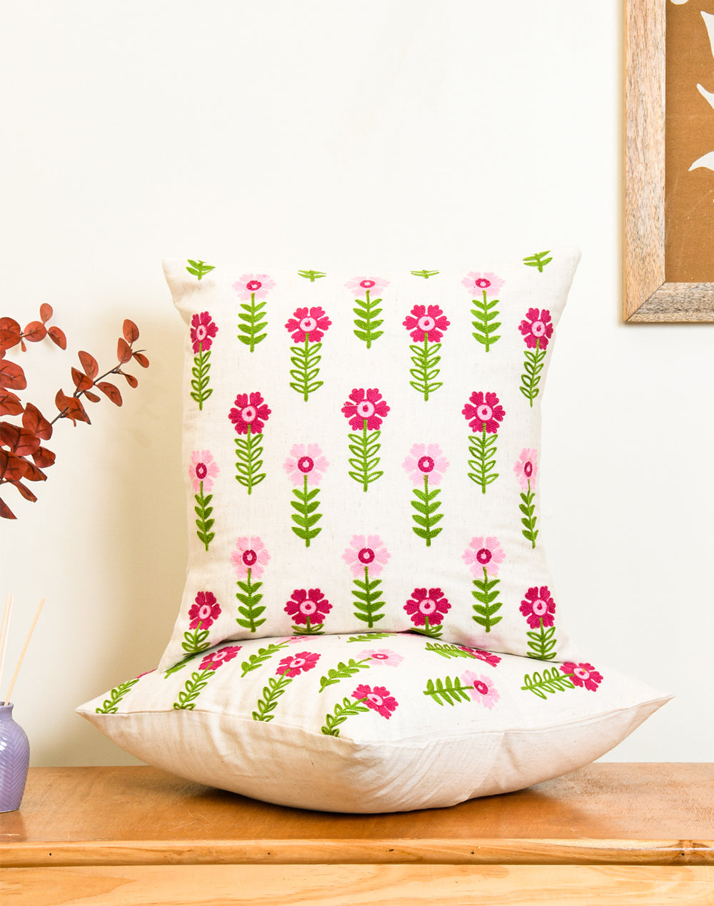 Set of 2 - Floral Array Embroidered Cushion Cover - 16"x 16"