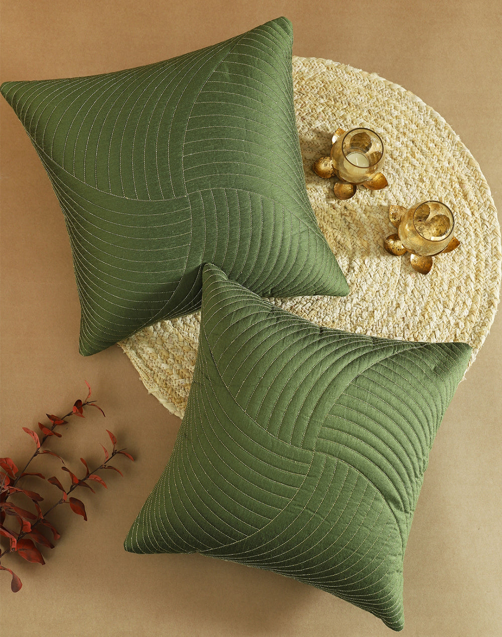 Set of 2 - Green Quilted Decorative Sofa Cushion Cover - 16"x16"
