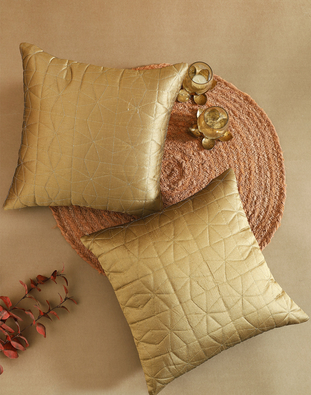 Set of 2 - Golden Quilted Decorative Sofa Cushion Cover -16"x16"