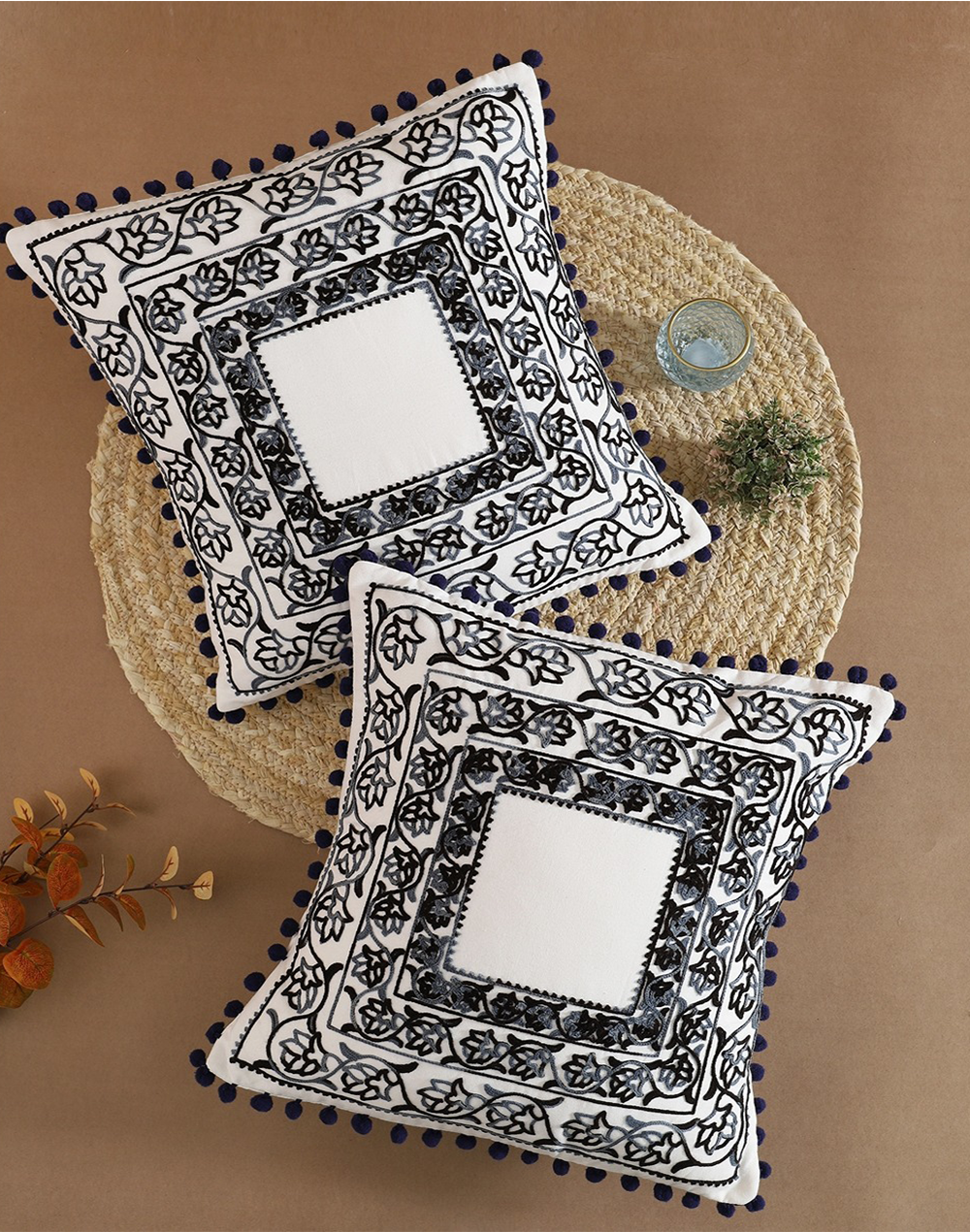 Set Of 2 - Square Embroidered Cotton Cushion Cover -16"X16"