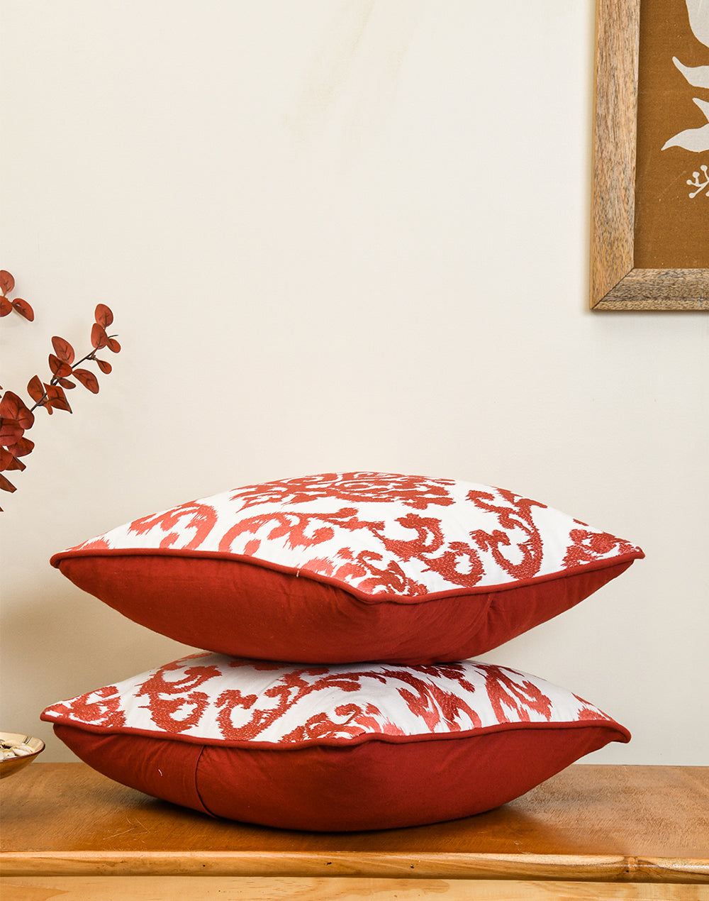 Set of 2 - Green Red Embroidery Decorative Cushion Cover - 16"x16"