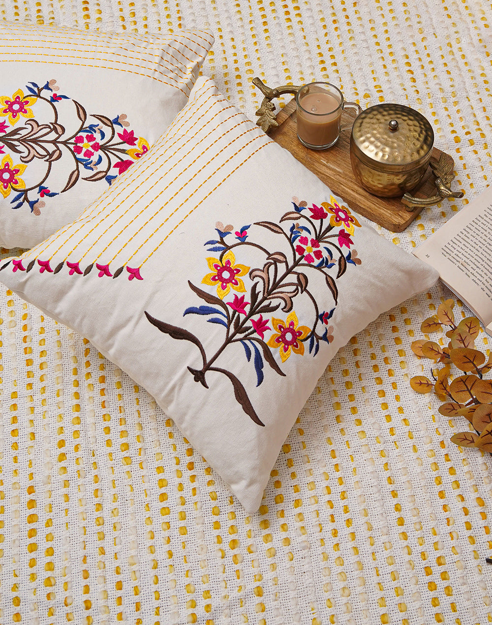 Set of 2 - Pink Motif Embroidered Cotton Cushion Cover - 16"x16"