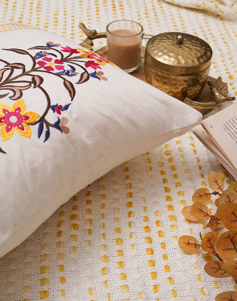 Set of 2 - Pink Motif Embroidered Cotton Cushion Cover - 16"x16"