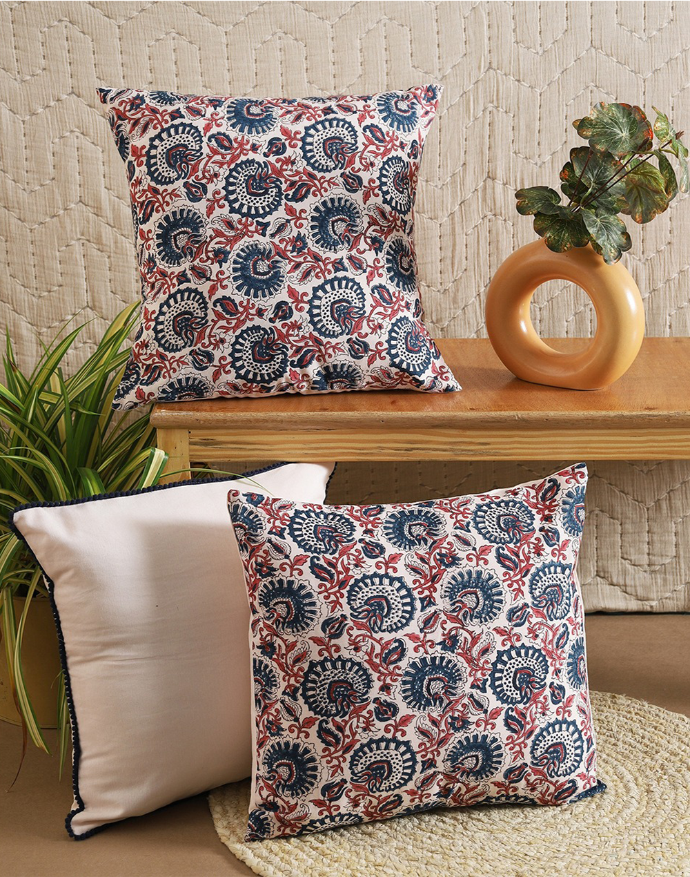 Set of 3 - Solid and Printed Cotton Cushion Cover Set - 16"x16"