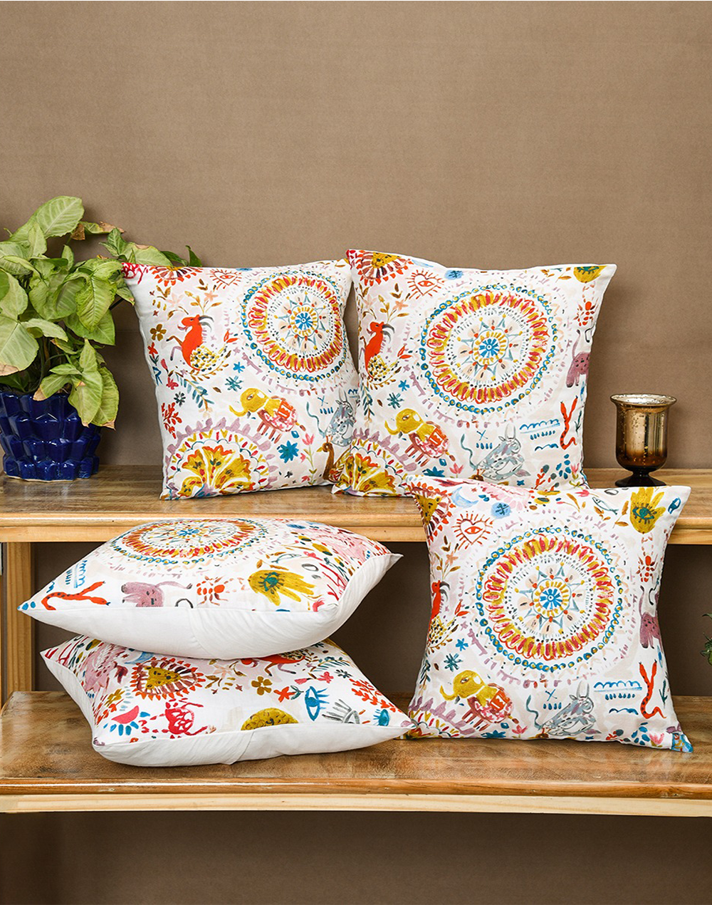 Set Of 5 - Multicolor Cotton Cushion Cover - 16"X16"