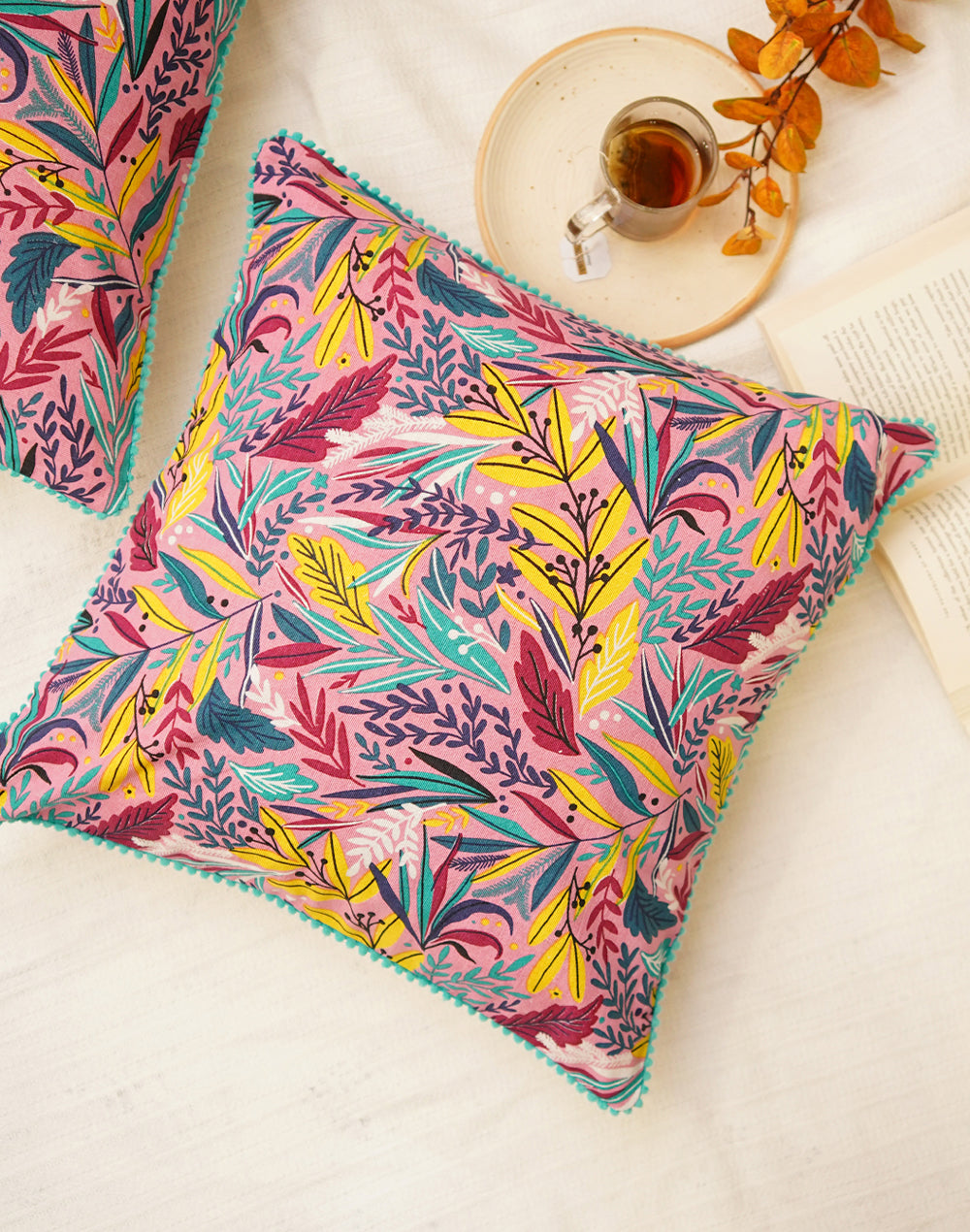 Set Of 2 - Leaf Printed Duck Cushion Cover - 16"X16"