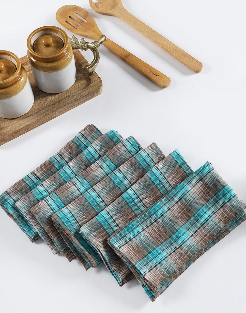 Set Of 6 - 12"X12" Blue Checks Napkin