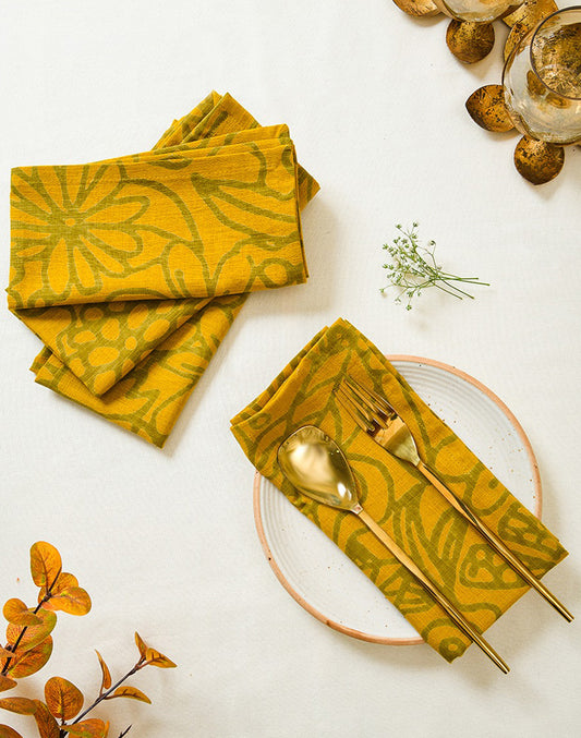 Set Of 6 - 16"X16" Yellow Floral Cotton Napkin