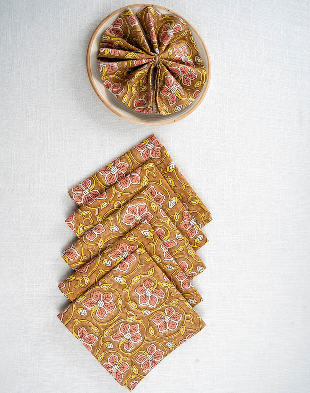 Set Of 6 - 12"X 12" Brown Floral Cotton Table Napkin