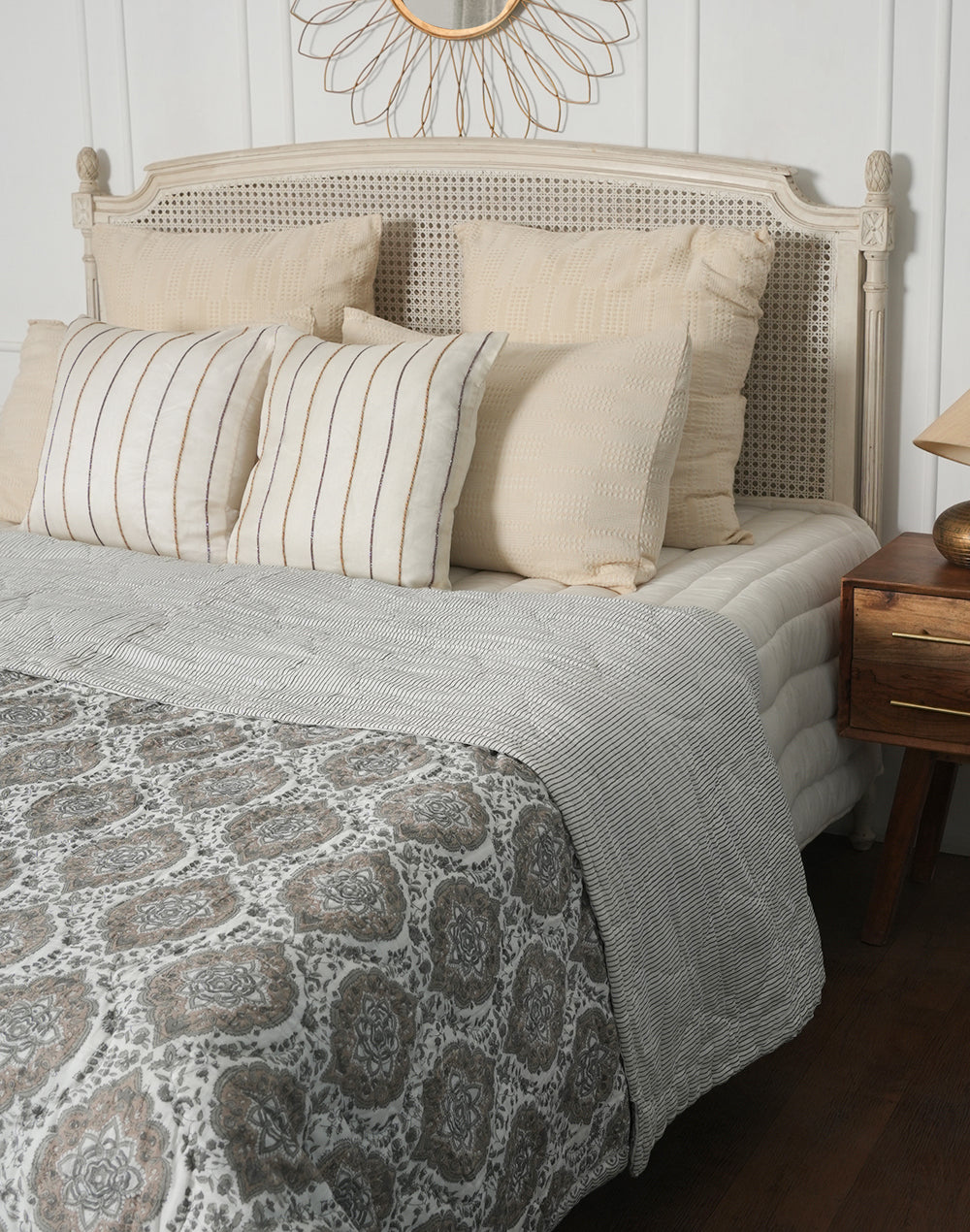 Grey Block Printed Cotton Quilt- Queen