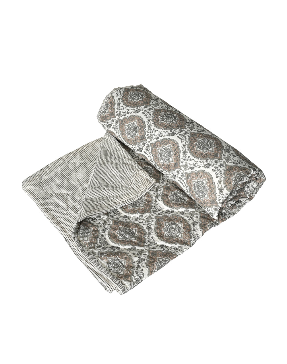 Grey Block Printed Cotton Quilt- Queen