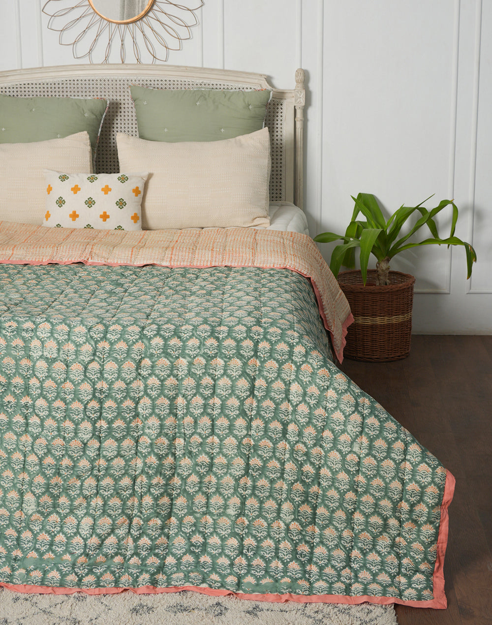 Green Block Printed Cotton Quilt- Medium