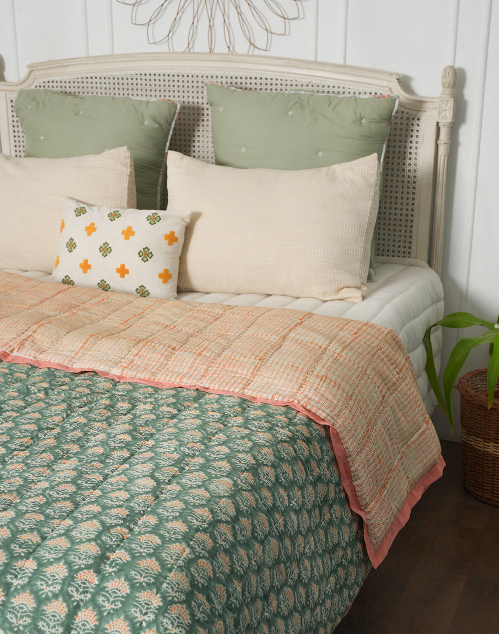 Green Block Printed Cotton Quilt- Medium