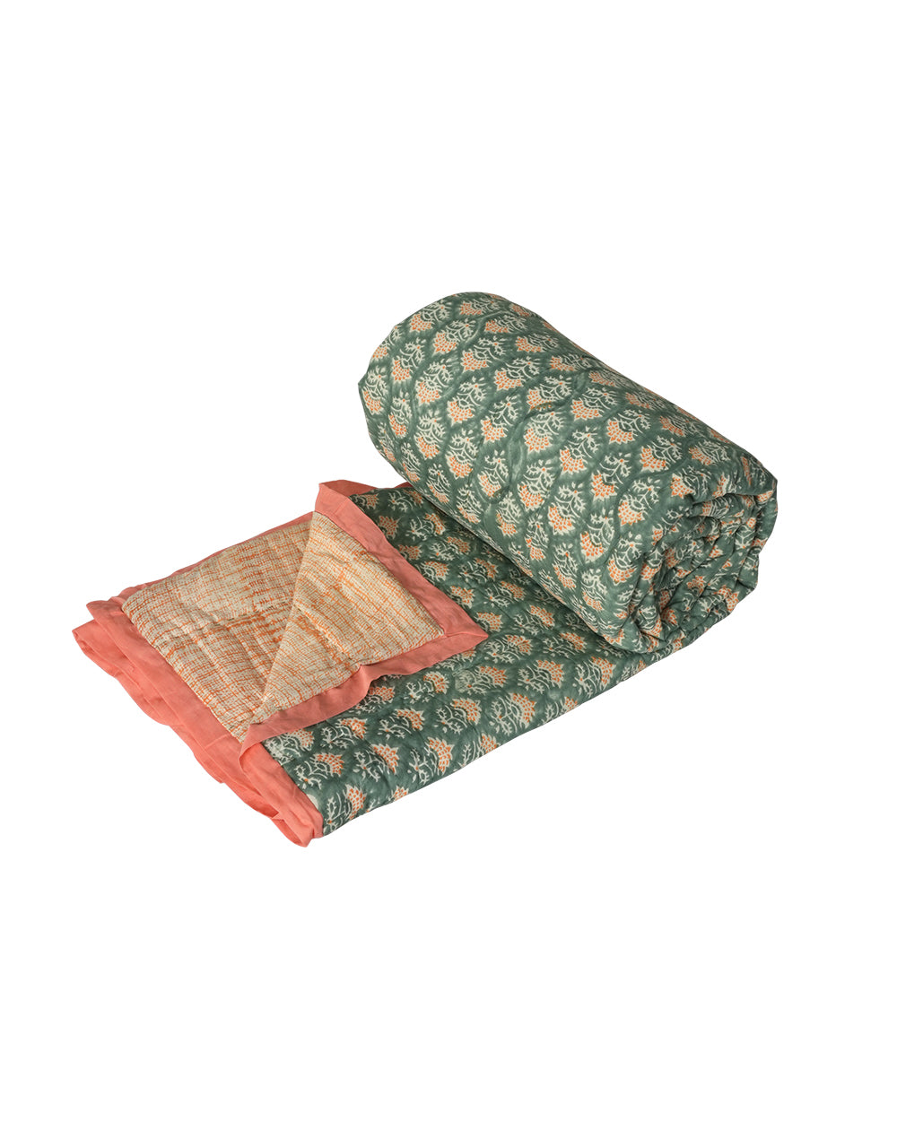 Green Block Printed Cotton Quilt- Medium