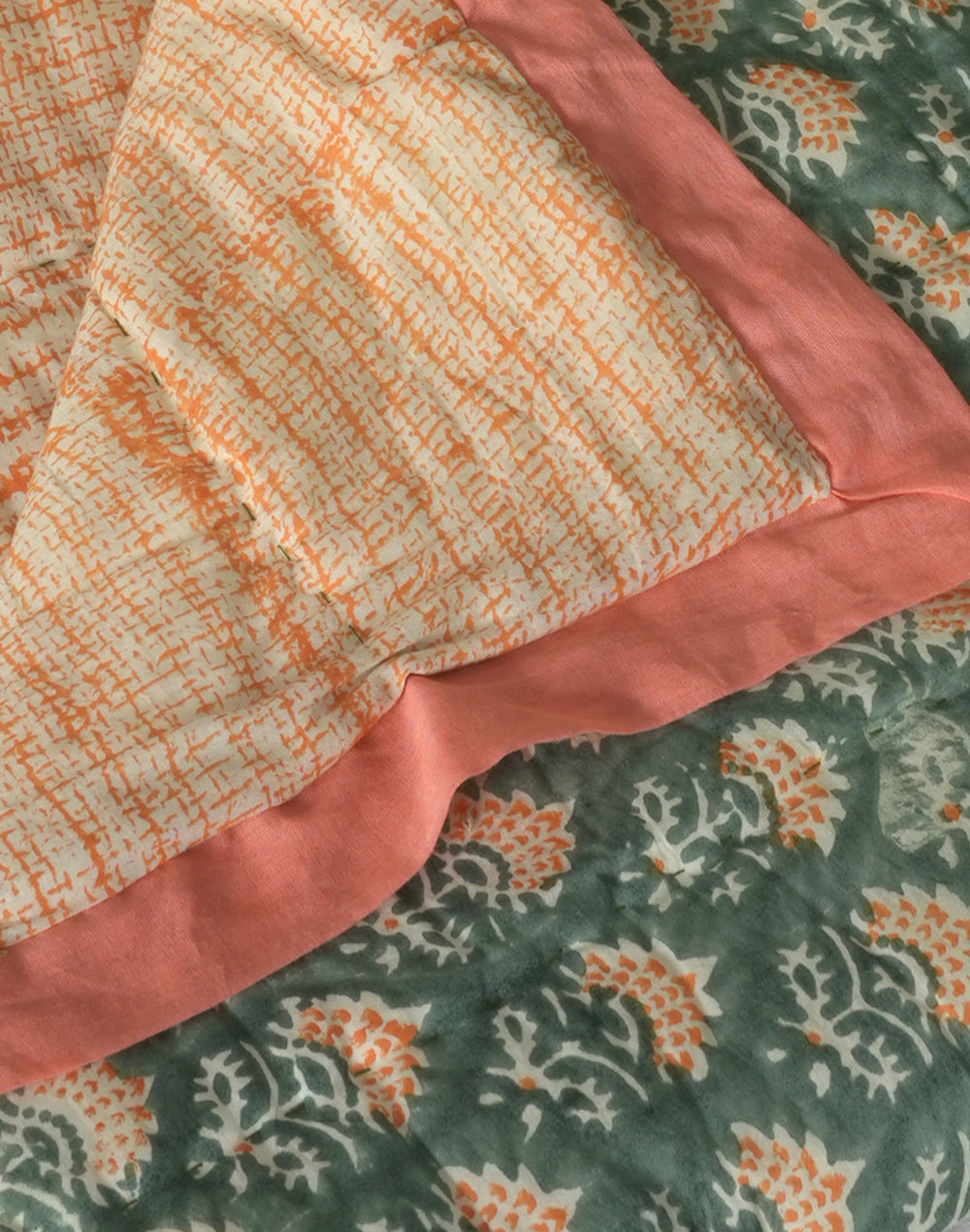Green Block Printed Cotton Quilt- Medium