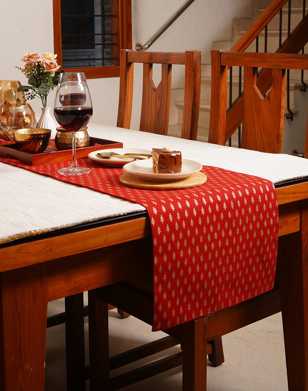 Red Decorative Gold Print Cotton Table Runner