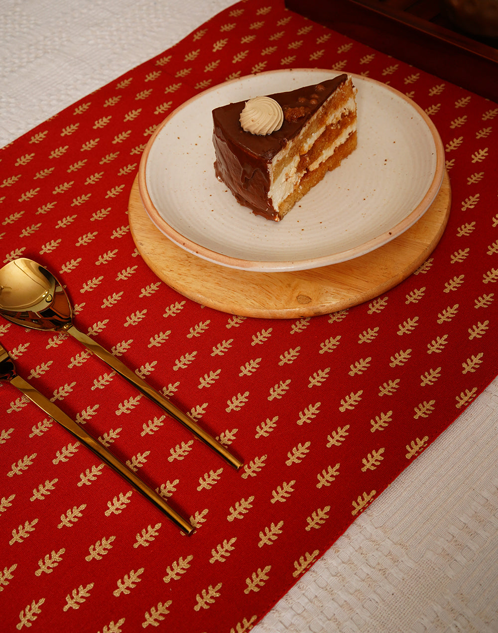 Red Decorative Gold Print Cotton Table Runner