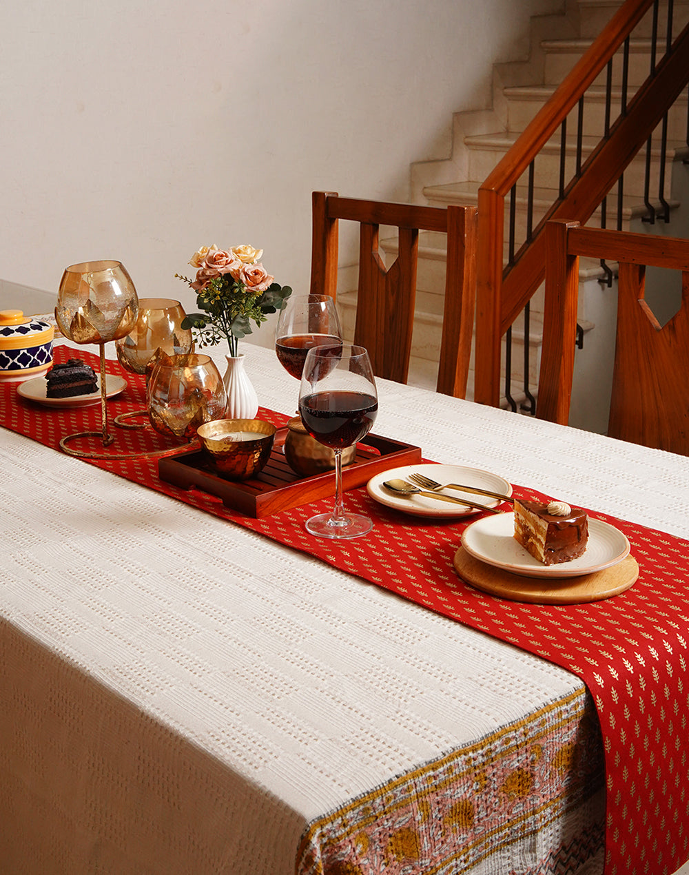 Red Decorative Gold Print Cotton Table Runner